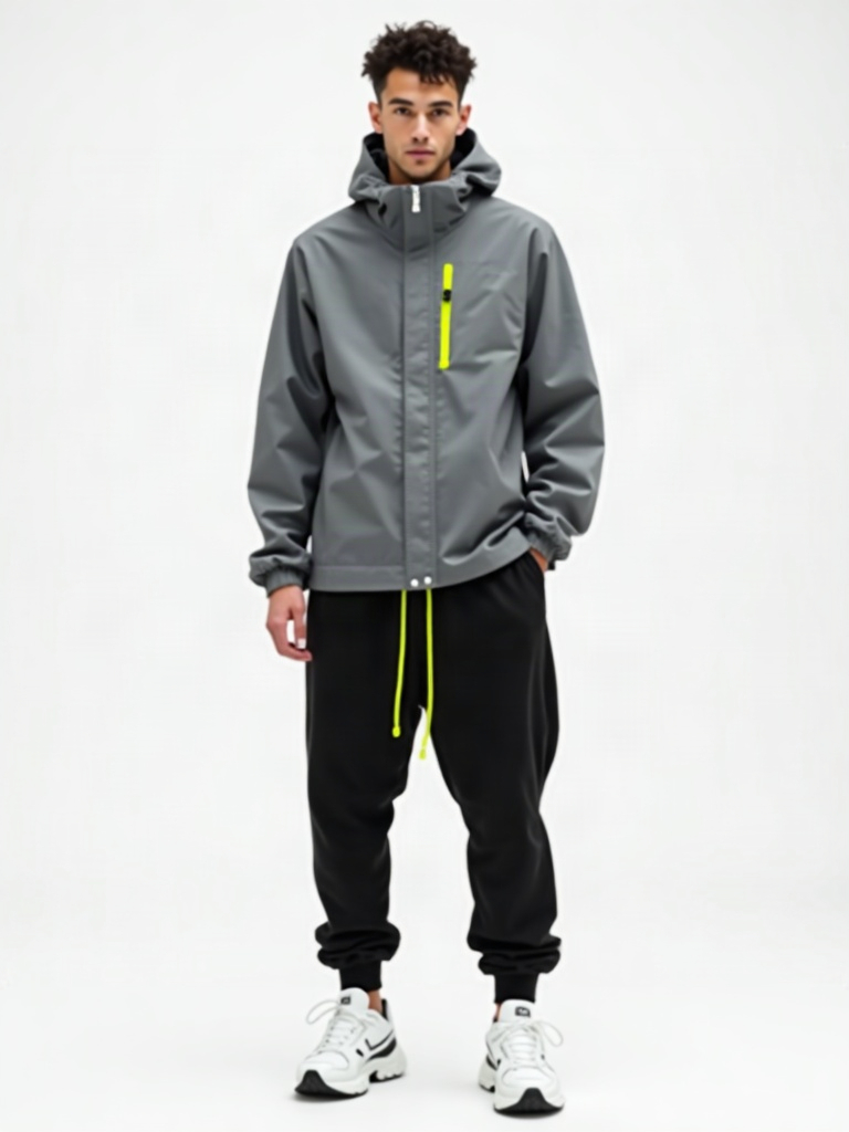 ARC 2026: monochrome grey technical shell jacket, black joggers, white sneakers, lime drawstring accent