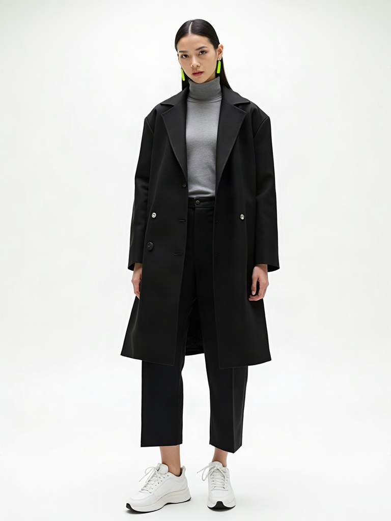 ARC 2026: black asymmetric wrap coat, grey turtleneck, black trousers, white sneakers, lime earring accent