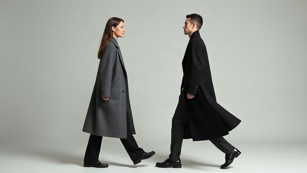 ARC 2026: two models walking past each other, charcoal-grey and black oversized wool coats, neutral studio backdrop