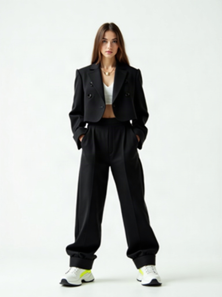 ARC 2026: cropped structured black blazer, oversized black wide-leg trousers, white sneakers, lime sock accent