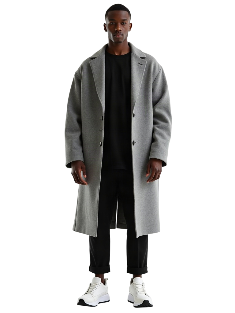 ARC 2026: oversized grey wool coat over black tee, torso and shoulders, background removed