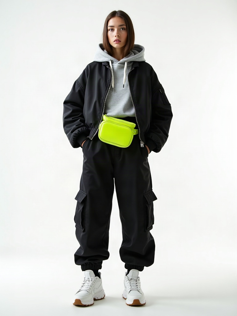 ARC 2026: black cropped bomber jacket over grey hoodie, black wide-leg cargo trousers, white sneakers, lime belt-bag accent