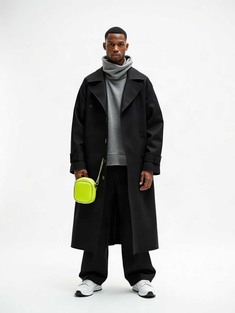ARC 2026: oversized black trench coat, grey turtleneck, black wide-leg trousers, white sneakers, lime crossbody bag