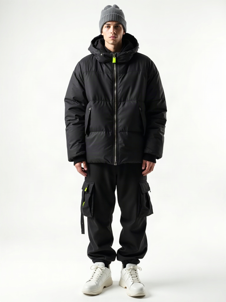 ARC 2026: oversized black puffer coat, grey ribbed beanie, black cargo trousers, white sneakers, lime zip-pull accent
