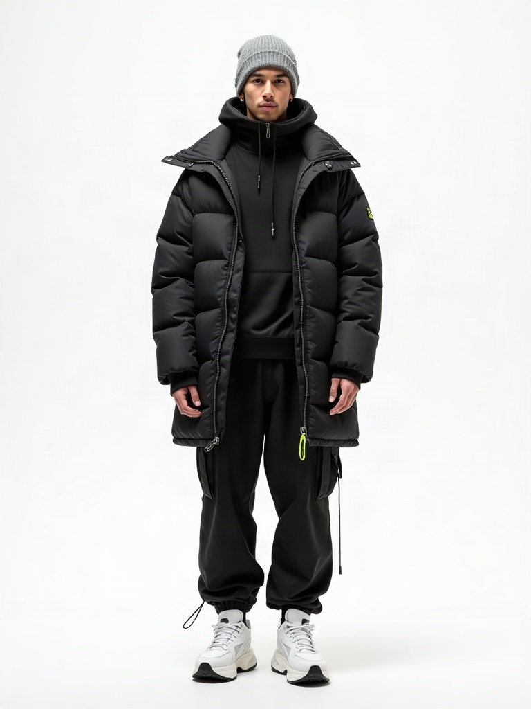 ARC 2026: black quilted long puffer coat, grey ribbed beanie, black cargo trousers, white sneakers, lime zip-pull accent