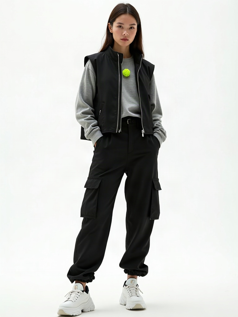 ARC 2026: black technical vest layered over grey long-sleeve top, black cargo trousers, white sneakers, lime buckle accent