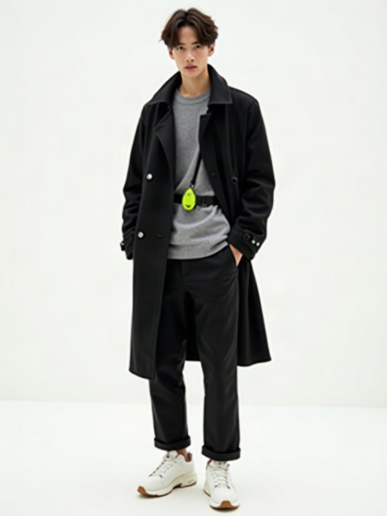 ARC 2026: black structured belted trench coat, grey knit underneath, black trousers, white sneakers, lime bag-strap accent