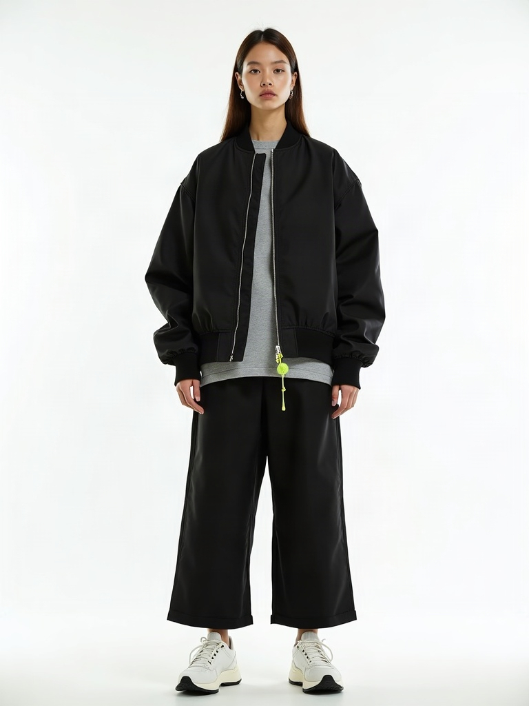 ARC 2026: oversized black bomber jacket, grey base layer, black wide-leg trousers, white sneakers, lime zipper accent