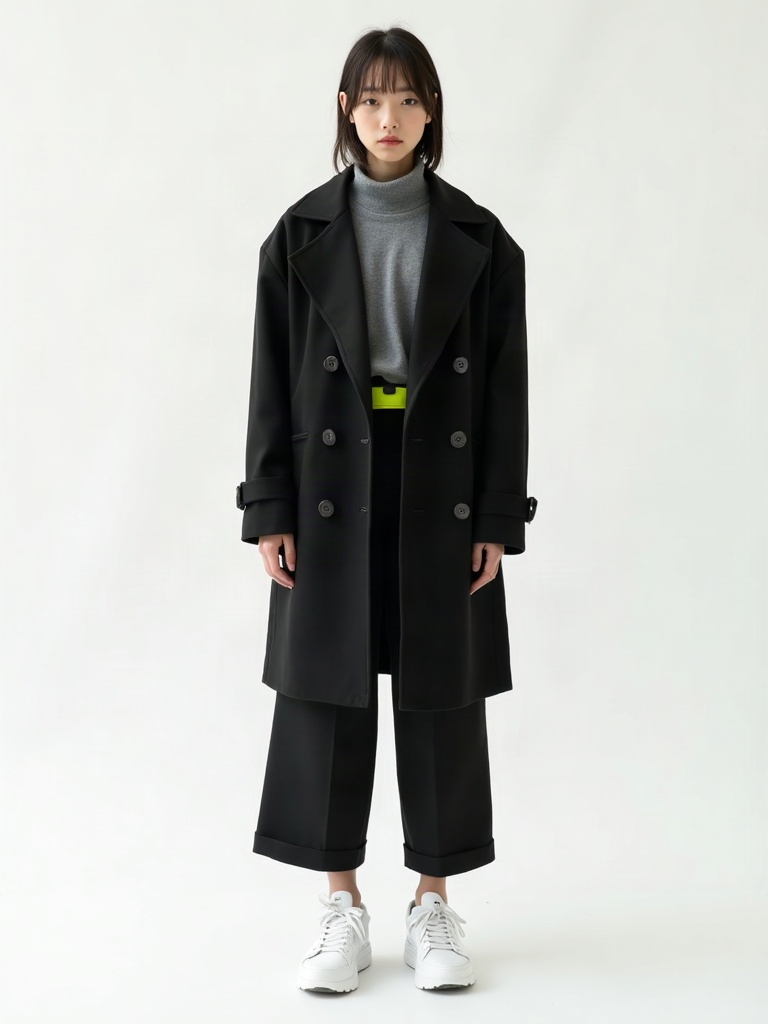 ARC 2026: oversized double-breasted black wool coat, grey turtleneck, black trousers, white sneakers, lime waistband accent