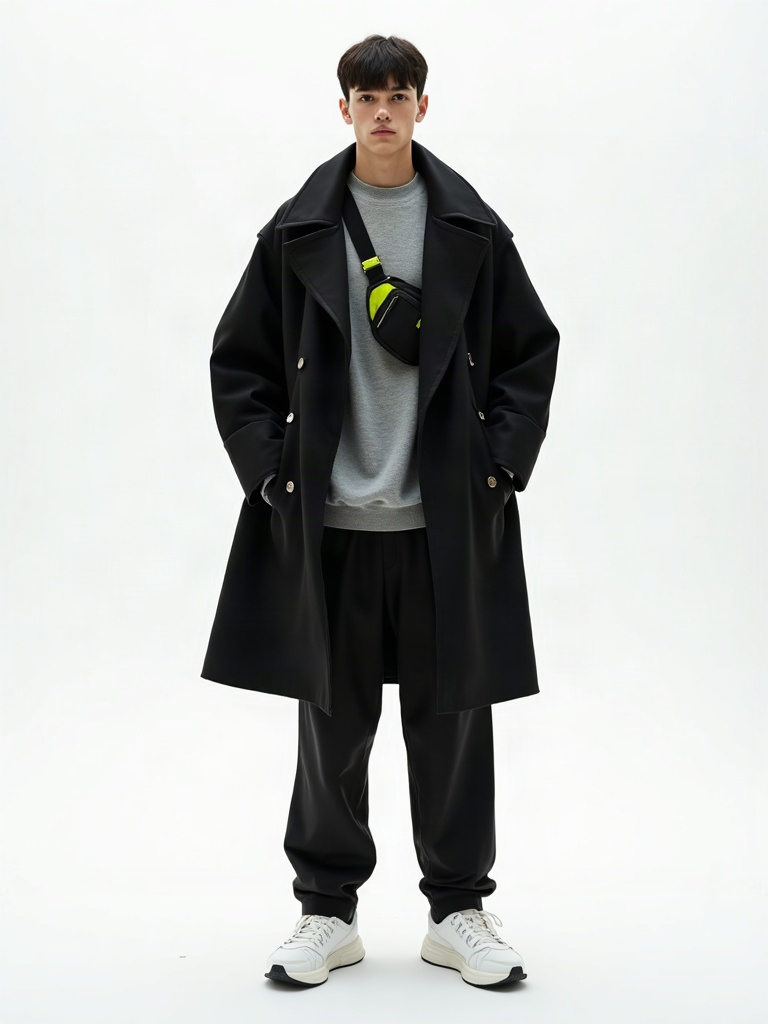 ARC 2026: oversized double-breasted black wool coat, grey sweater, black trousers, white sneakers, lime crossbody bag