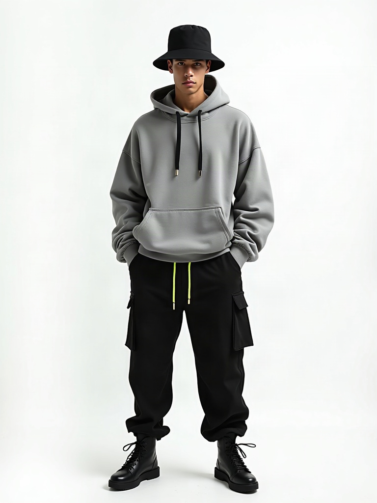 Dead Air Cap: black structured six-panel cap, grey oversized hoodie, black trousers, lime drawstring accent
