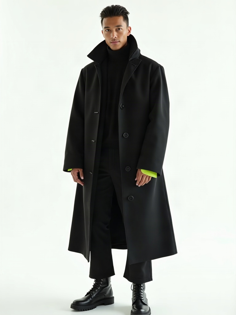 The Static Coat: full-length black structured overcoat, lime lining accent at the cuff
