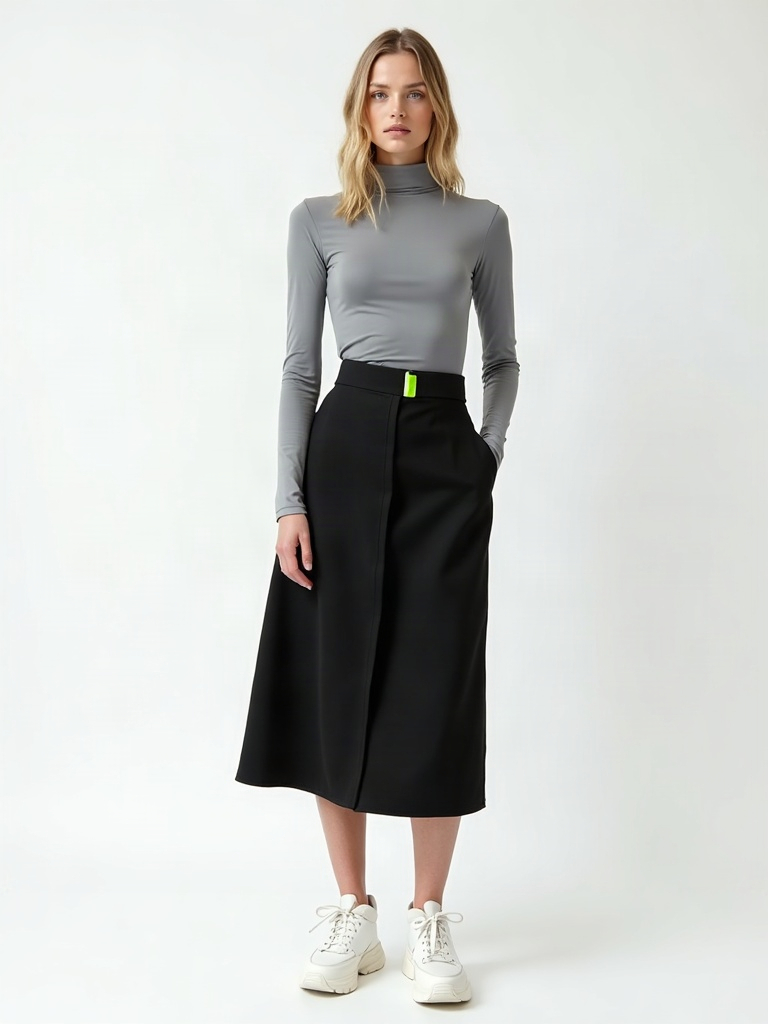 Static Skirt: black structured midi skirt, grey turtleneck, white sneakers, lime belt accent