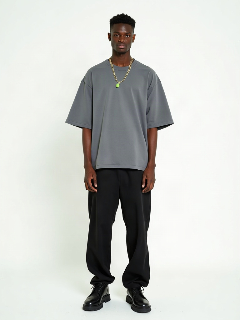 Signal Tee: heavyweight grey structured oversized t-shirt, black trousers, lime chain-necklace accent