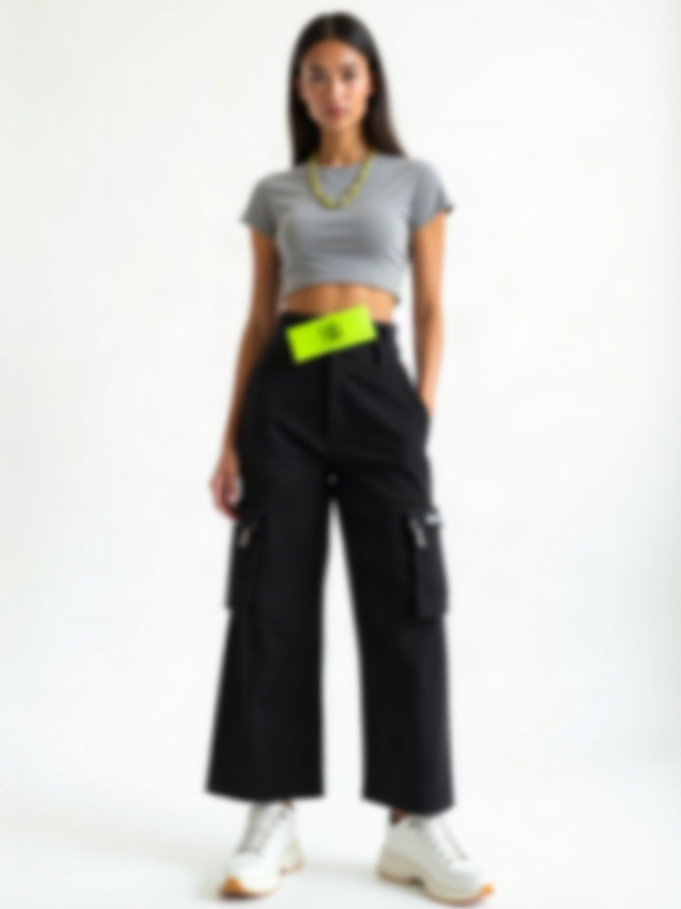 Field Trouser: wide-leg black cargo-style trouser, cropped grey top, lime belt accent