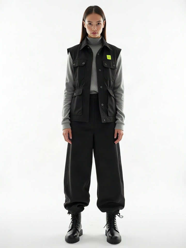 Frequency Vest: black technical utility vest over grey base layer, black trousers, lime buckle accent